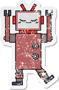 Bir insan tarafından çizilmiş sevimli bir robot çizgi film çıkartması.