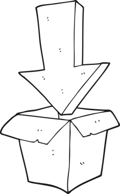 Bir insan tarafından çizilmiş oklu siyah beyaz karikatür kutusu.