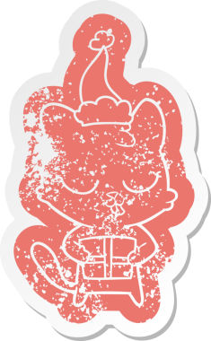 Bir insan tarafından çizilmiş Noel Baba şapkası takan bir kedinin hüzünlü çizgi filmi.