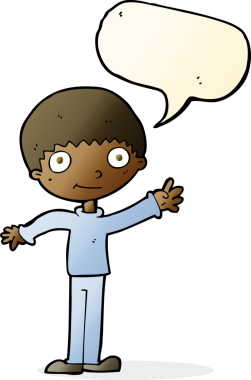 Bir insan tarafından çizilmiş konuşma balonu olan mutlu, el sallayan bir çocuk.