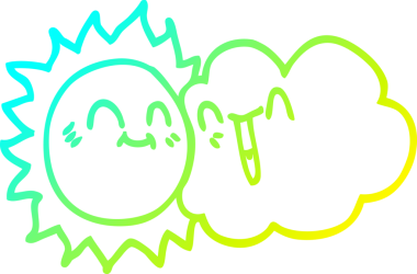 Bir çizgi filmin soğuk gradyan çizimi mutlu güneş ışığı ve bir insan tarafından çizilmiş bulut