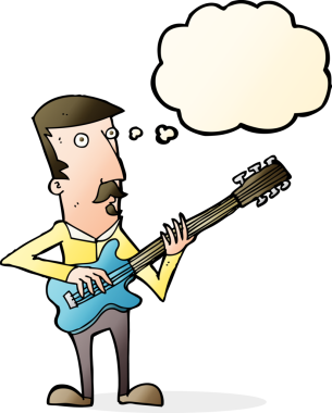 Bir insan tarafından çizilmiş düşünce baloncuğuyla elektro gitar çalan bir çizgi film adamı.