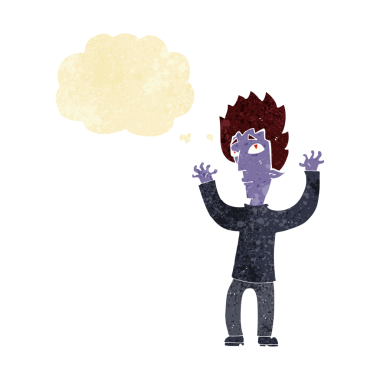 Bir insan tarafından çizilmiş düşünce baloncuğuyla pes eden vampir çizgi filmi.