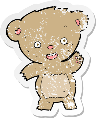 Bir insan tarafından çizilmiş oyuncak ayı sallayan bir çizgi filmin gerilimli retro yapıştırması.