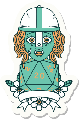 Bir insan tarafından çizilmiş 20 zarlı yarım ork savaşçısının çıkartması.