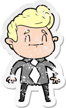 Bir insan tarafından çizilmiş ofis kıyafetleri içindeki mutlu bir çizgi film karakterinin sıkıntılı çıkartması.