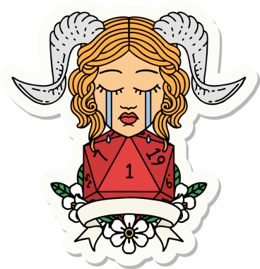 Ağlama etiketi, bir insan tarafından çizilmiş doğal bir D20 zar atışıyla bağlanmış.