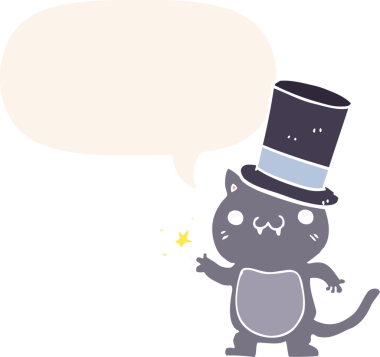 Çizgi film kedisi şapkalı, konuşma baloncuğu olan bir insan tarafından çizilmiş.