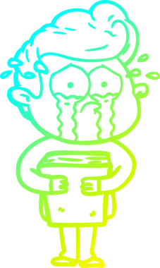 Bir insan tarafından çizilmiş kitabı tutan ağlayan bir çizgi film karakteri.