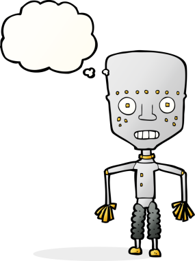 Bir insan tarafından çizilmiş düşünce baloncuklu komik robot.