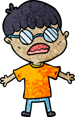 Bir insan tarafından çizilmiş gözlük takan çizgi film çocuğu.