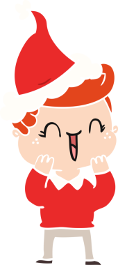 Bir insan tarafından çizilmiş Noel Baba şapkası giymiş, gülen bir çocuğun düz renkli çizimi.