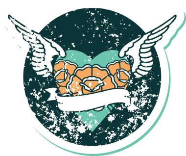 İkonik sıkıntılı dövme stili kanatlı kalp resmi çiçekler ve bir insan tarafından çizilmiş pankart