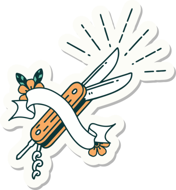 Bir insan tarafından çizilmiş dövme stili katlanır bıçak çıkartması.