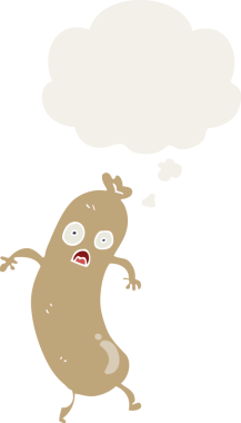 Düşünce baloncuklu çizgi film sosisi insan tarafından çizilmiş.