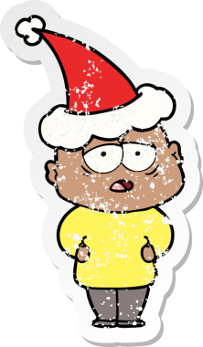 Bir insan tarafından çizilmiş Noel Baba şapkası giymiş yorgun ve kel bir adamın çizilmiş el yazısı.