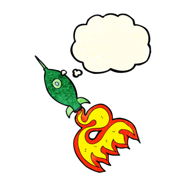 Bir insan tarafından çizilmiş düşünce baloncuklu uzay roketi.