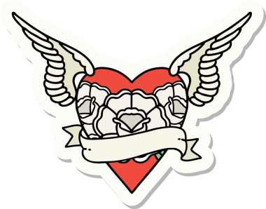 Geleneksel kalp stili dövme çıkartması. Kanatları, çiçekleri ve insan sancağıyla çizilmiş.