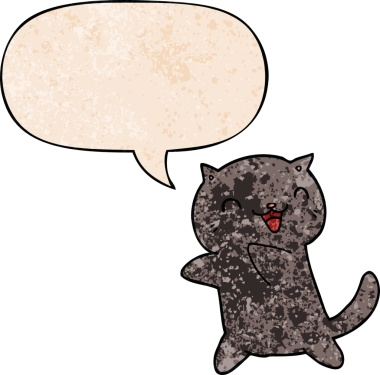 Konuşma baloncuğu olan çizgi film kedisi insan tarafından çizilmiş eski moda dokular.