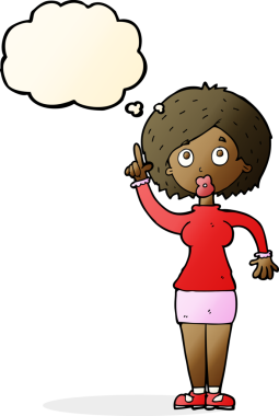 Bir insan tarafından çizilmiş düşünce baloncuğu fikri olan karikatür kadın.