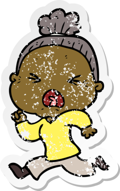 Bir insan tarafından çizilmiş kızgın yaşlı bir kadının sıkıntılı çıkartması.