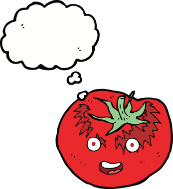Bir insan tarafından çizilmiş düşünce baloncuklu domates.