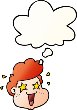 Bir insan tarafından çizilmiş, düşünce baloncuklu çizgi film çocuğunun yüzü.