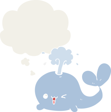 Düşünce baloncuğu olan karikatür balinası insan tarafından çizilmiş.