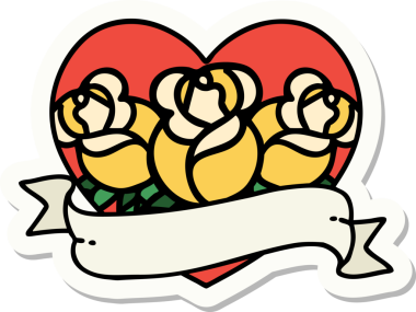 Geleneksel kalp stili dövme çıkartması ve bir insan tarafından çizilmiş çiçekli pankart.