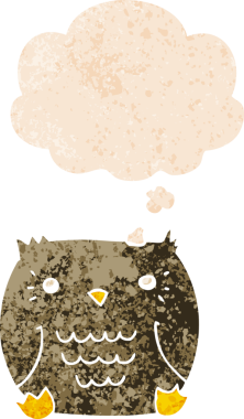 bir insan tarafından çizilmiş grunge sıkıntılı retro desenli düşünce baloncuğu ile çizgi film baykuşu