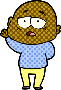 Bir insan tarafından çizilmiş yorgun, kel bir adam.