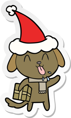 Noel hediyesi olan bir köpeğin insan tarafından çizilmiş Noel Baba şapkasıyla çizilmiş şirin bir el yazısı.