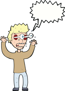 Bir insan tarafından çizilmiş, konuşma balonuyla dehşete düşmüş bir adam.