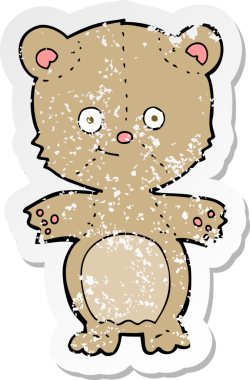 Bir insan tarafından çizilmiş mutlu oyuncak ayı çizgi filminin gerilimli retro yapıştırması.