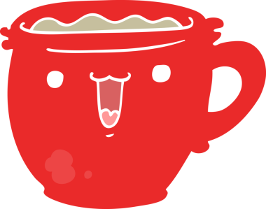 Sevimli düz renkli çizgi film kahve fincanı bir insan tarafından çizilmiş.