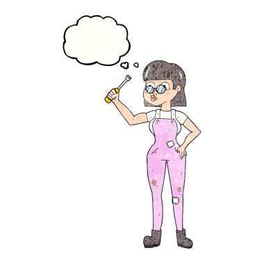 El yazısıyla çizilmiş düşünce kabarcığı insan tarafından çizilmiş karikatür kadın tamirci.