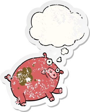 Düşünce baloncuklu çizgi film domuzu bir insan tarafından çizilmiş yıpranmış bir çıkartma.