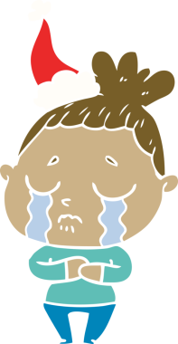 Bir insan tarafından çizilmiş Noel Baba şapkası takan ağlayan bir kadının düz renkli çizimi.