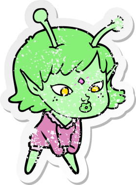 Bir insan tarafından çizilmiş güzel uzaylı bir kızın sıkıntılı çıkartması.