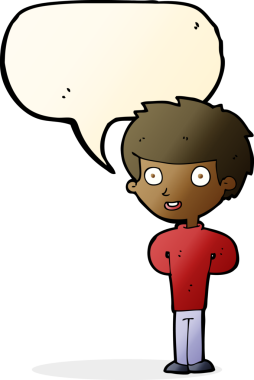 Bir insan tarafından çizilmiş konuşma balonu olan mutlu bir çocuk.