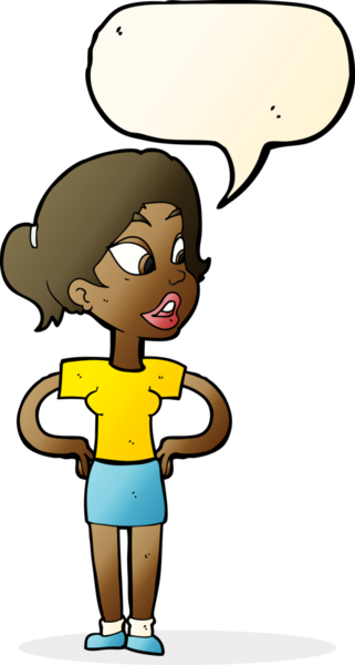 Bir insan tarafından çizilmiş konuşma balonlu elleri olan çizgi film kadını.