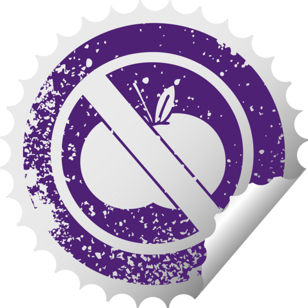 Sıkıntılı dairesel kabuk soyma etiketi. Bir insan tarafından çizilmesine izin verilmeyen meyve sembolü.