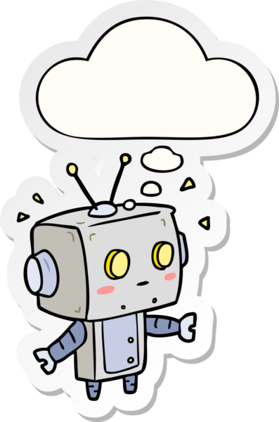 Düşünce baloncuğu insan tarafından çizilmiş bir çıkartma olan çizgi film robotu.