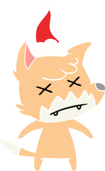 Bir insan tarafından çizilmiş Noel Baba şapkası giymiş ölü bir tilkinin düz renkli çizimi.