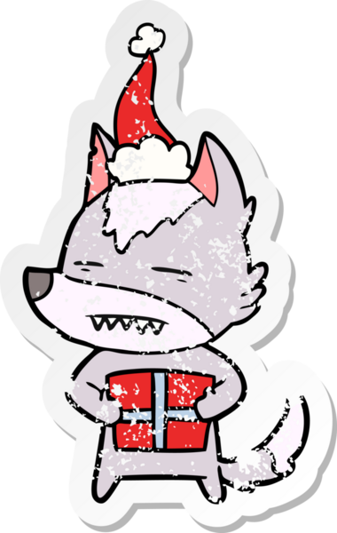 Bir insan tarafından çizilmiş Noel Baba şapkası takan bir kurt resmi.