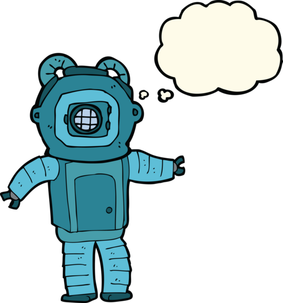 Bir insan tarafından çizilmiş düşünce balonlu derin deniz dalgıcı.