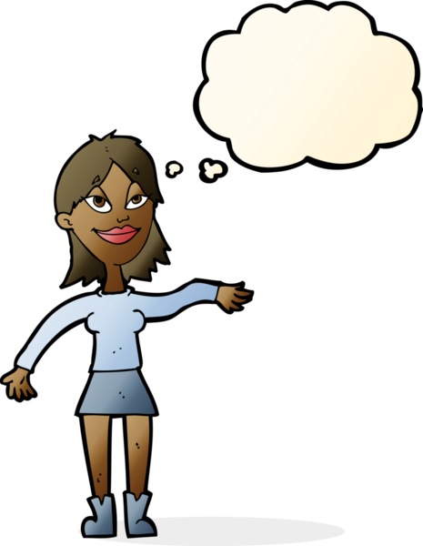 Bir insan tarafından çizilmiş düşünce baloncuğuyla el hareketi yapan çizgi film kadını.