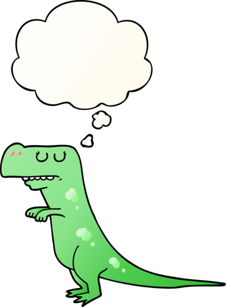 Düşünce baloncuklu çizgi film dinozoru, bir insan tarafından çizilmiş düzgün eğimli stil.