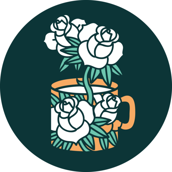 Bir fincan ve bir insan tarafından çizilmiş çiçeklerin ikonik dövme şekli