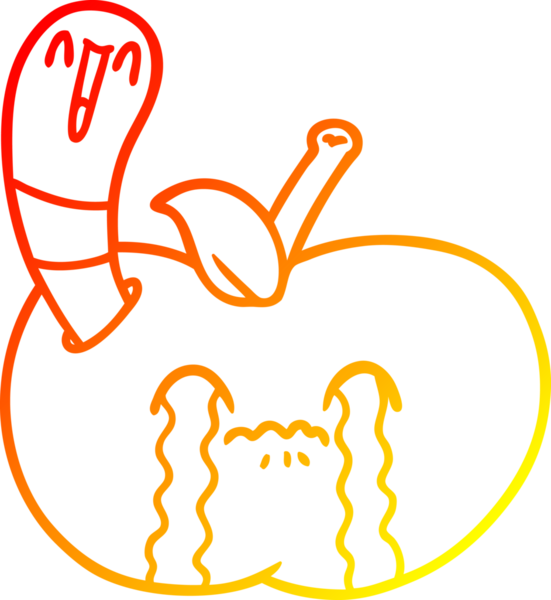 Bir insan tarafından çizilmiş elmayı yiyen çizgi film solucanının sıcak çizgi çizimi